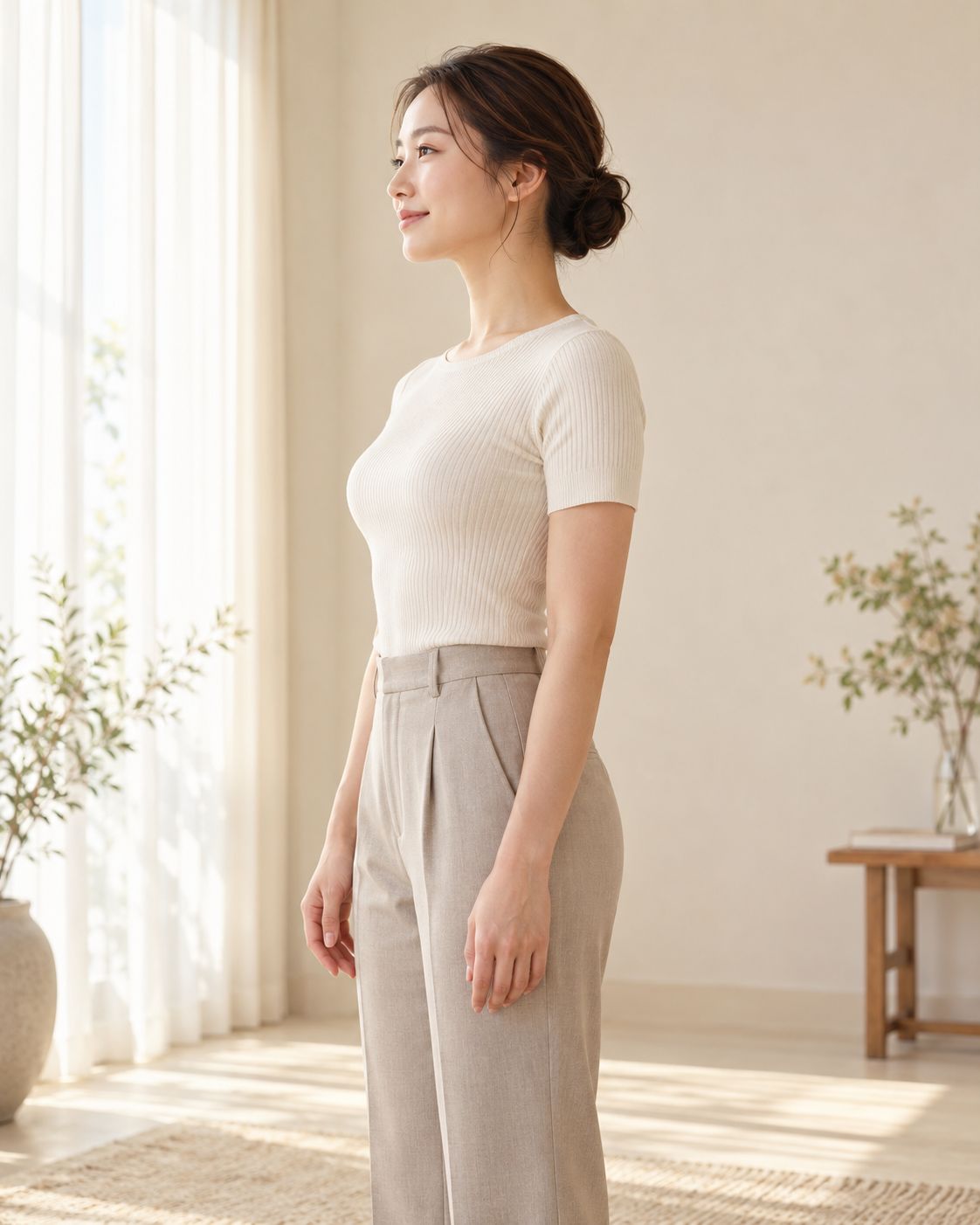明るい室内で横向きに立つ女性のイメージ