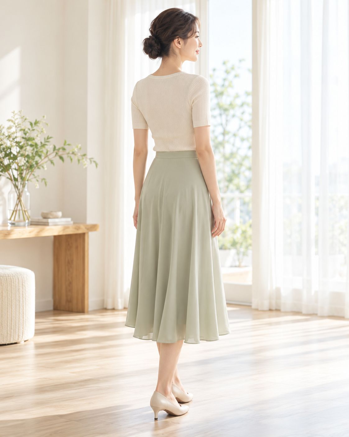 明るい服と淡いグリーンのスカートを着た女性の後ろ姿のイメージ